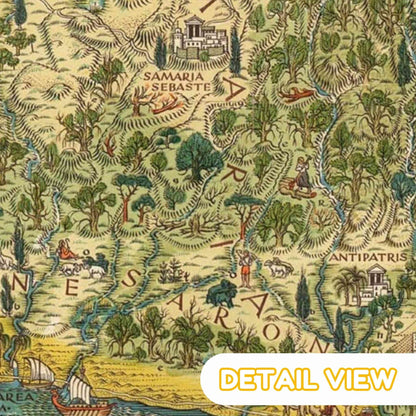 Detail of biblical events illustrated within the map's landscape.