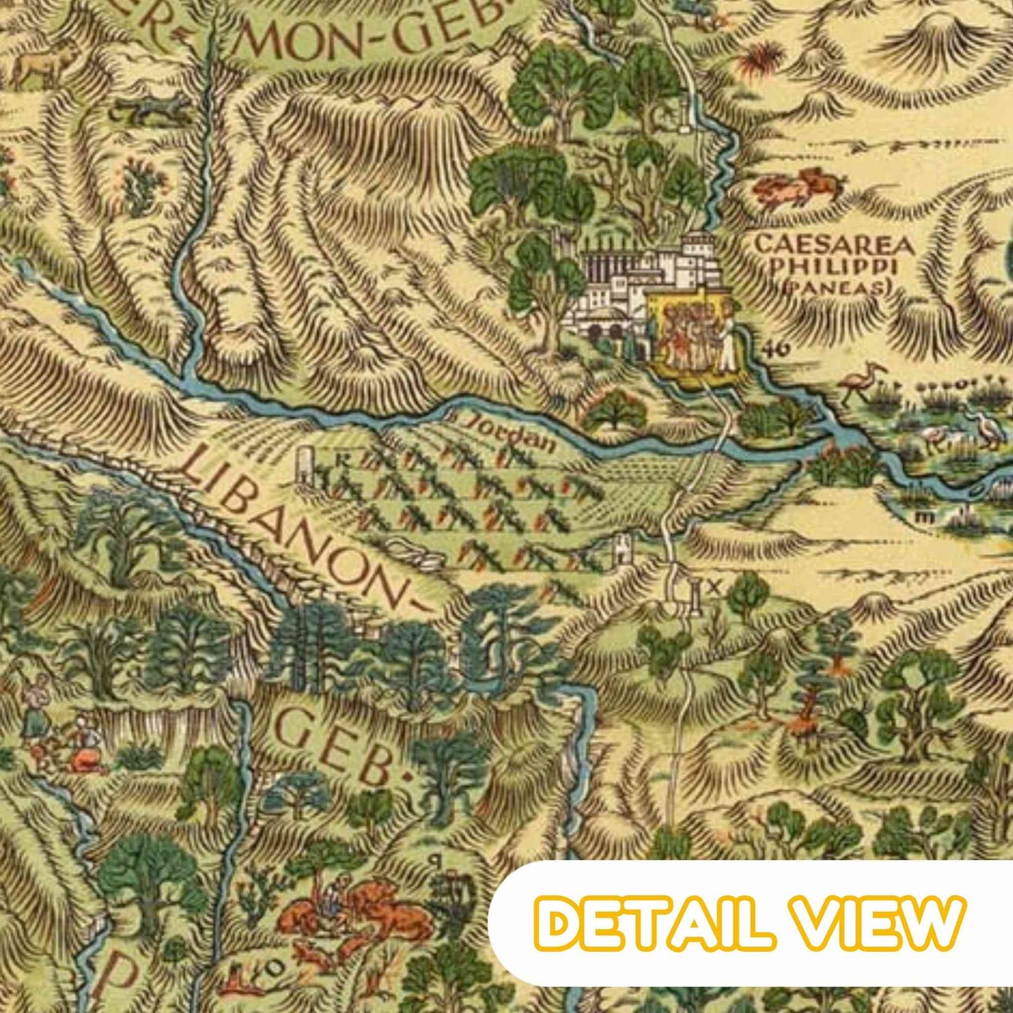 Vintage map detail with 'Libanon' and 'Caesarea Philippi' labeled, featuring topographic elements.