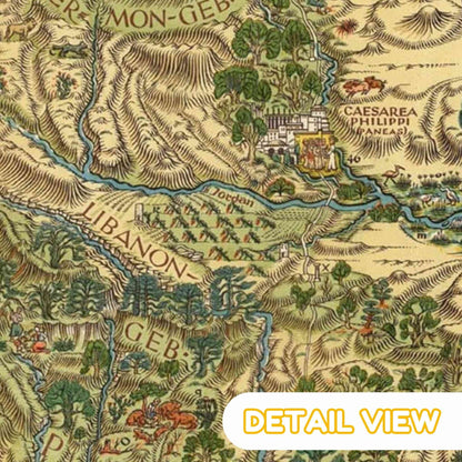 Vintage map detail with 'Libanon' and 'Caesarea Philippi' labeled, featuring topographic elements.