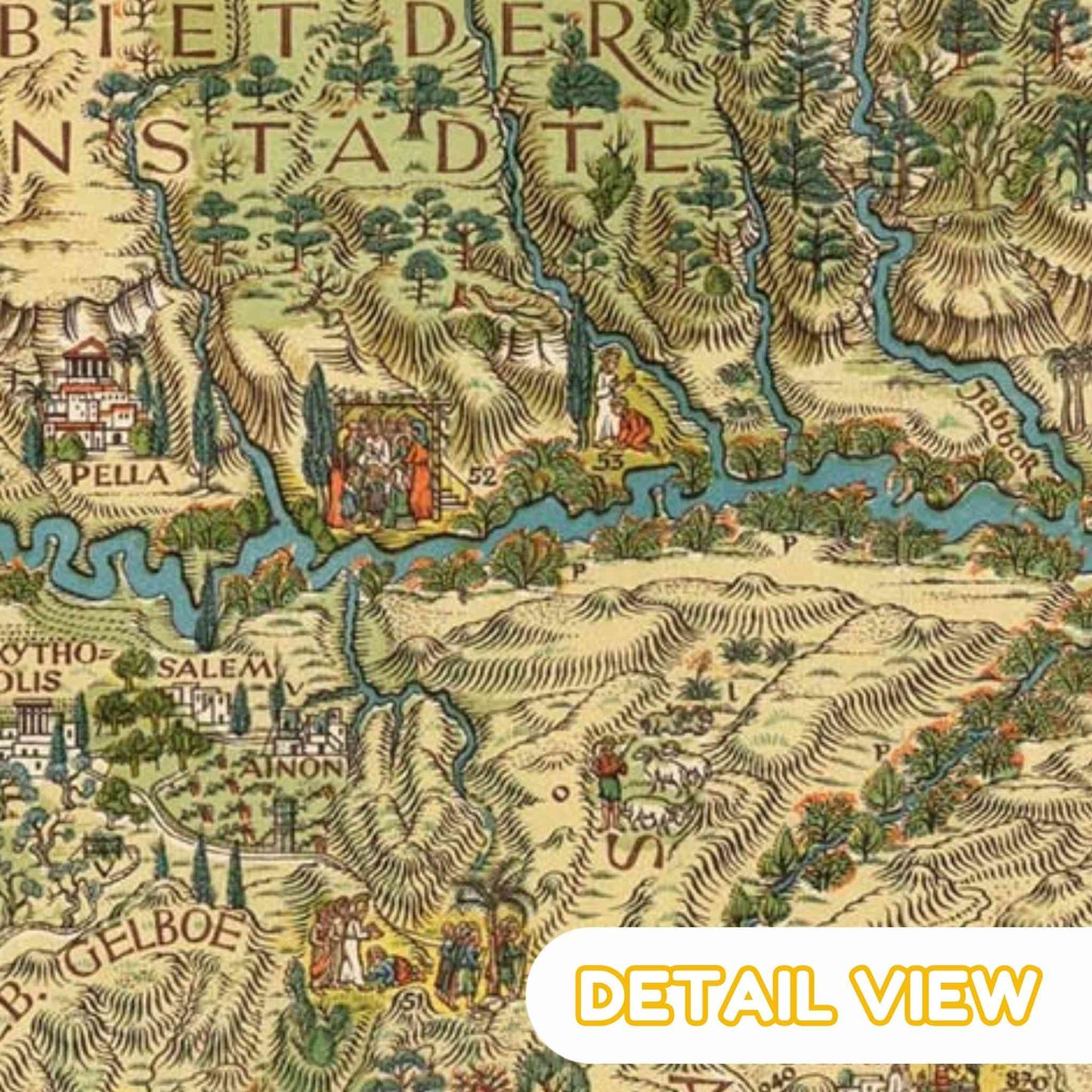Detail of biblical holy land from 1930s life of jesus palestine color lithograph pictorial map