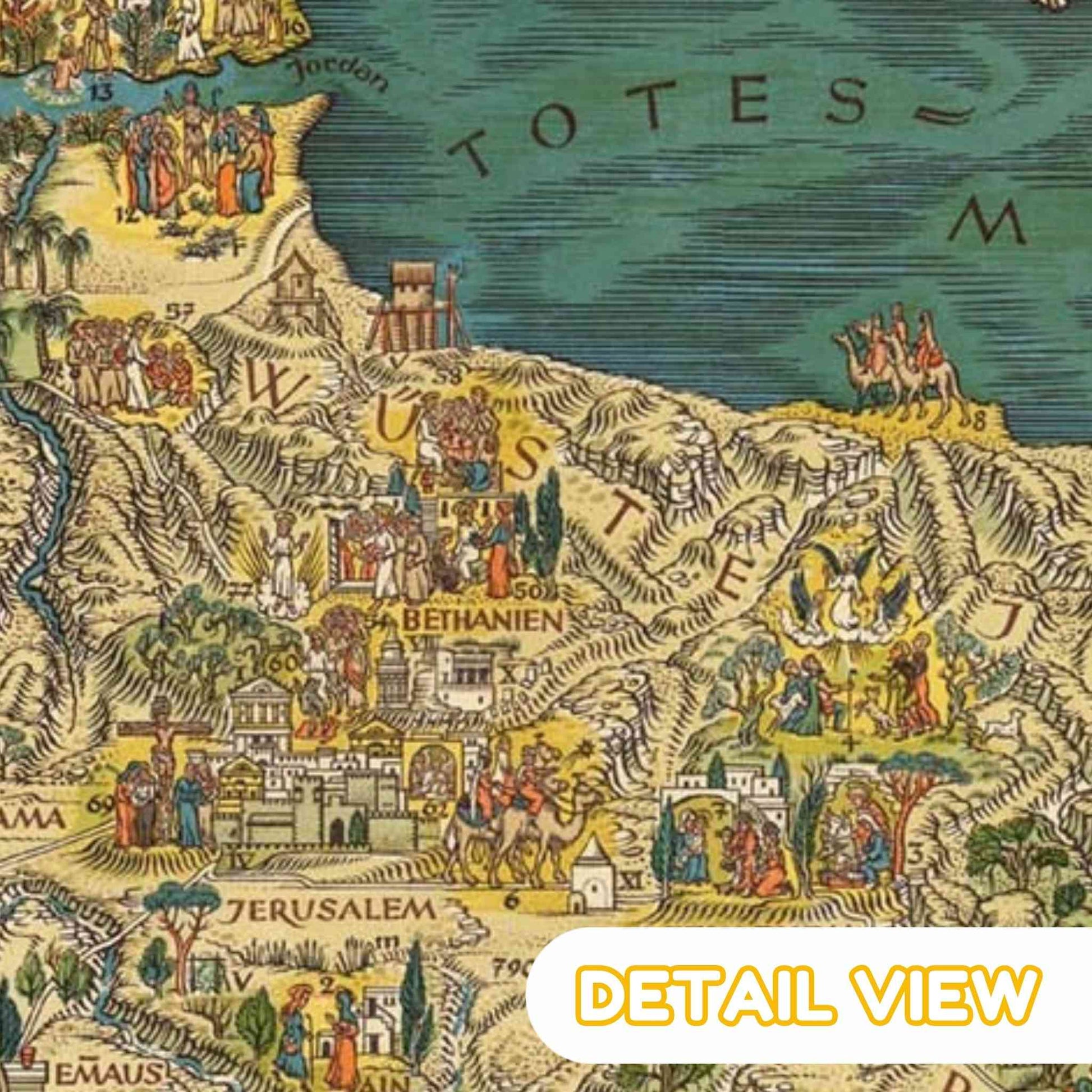 Detail of palestine from holy land biblical map puzzle 1930s life of jesus palestine color lithograph
