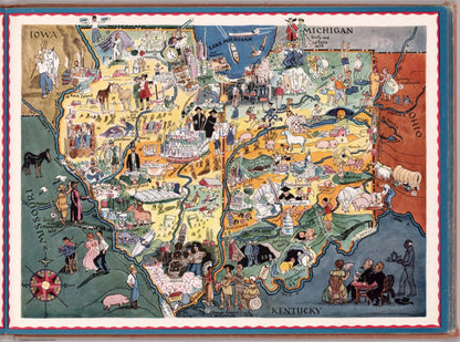 Berta Hader's map of Illinois and Indiana with vibrant watercolors and detailed landmarks