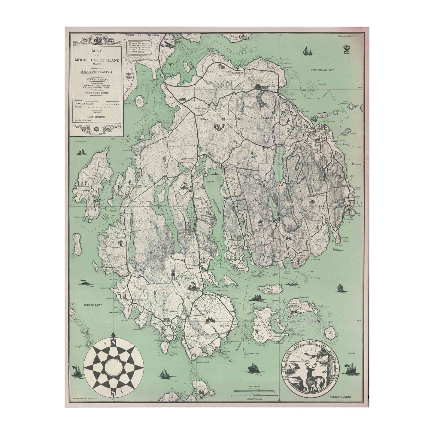 Map of Mount Desert Island, Maine, showing Acadia National Park