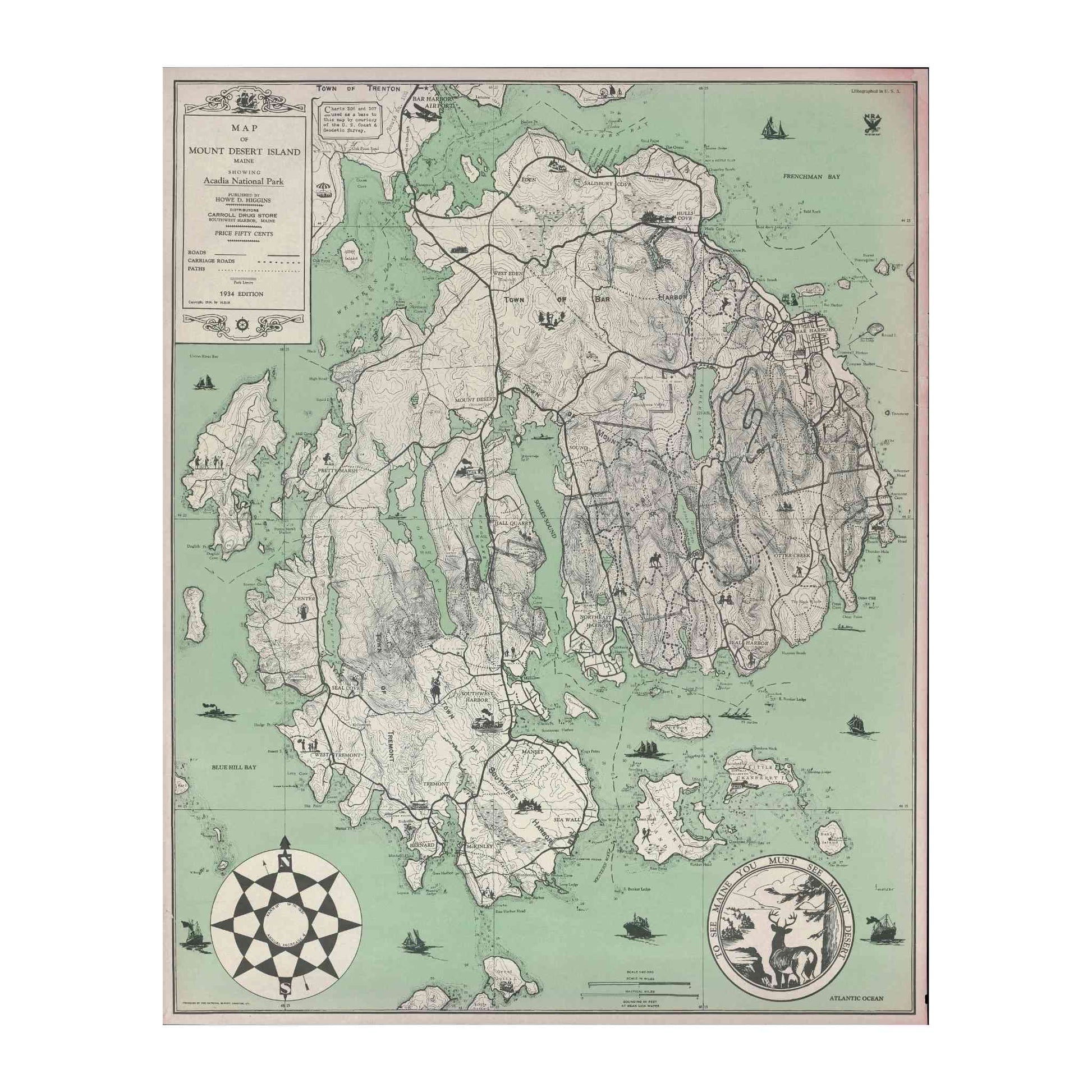 Map of Mount Desert Island, Maine, showing Acadia National Park