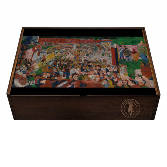 Premium wooden puzzle box featuring James Ensor's expressive painting 'Christ's Entry into Brussels.'