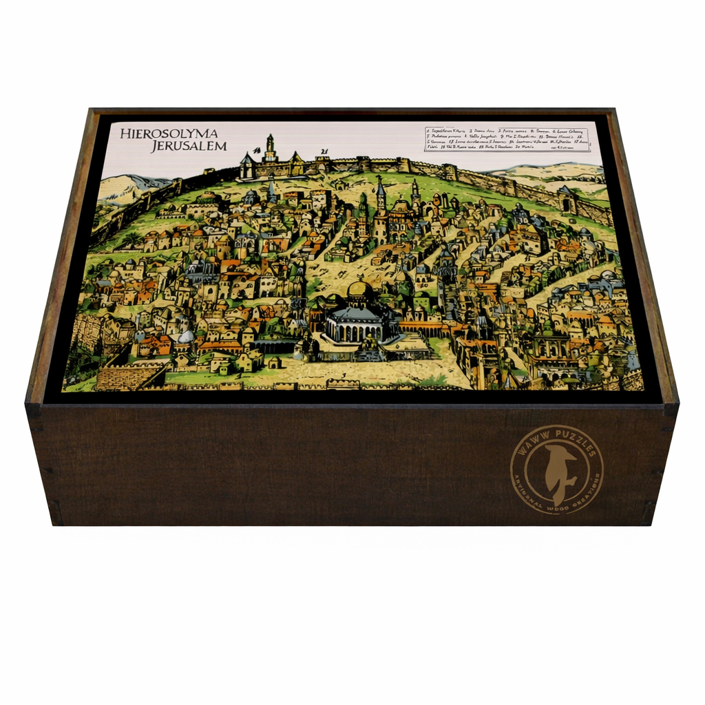 Premium wooden puzzle box with Jerusalem map artwork by Braun and Hogenberg.