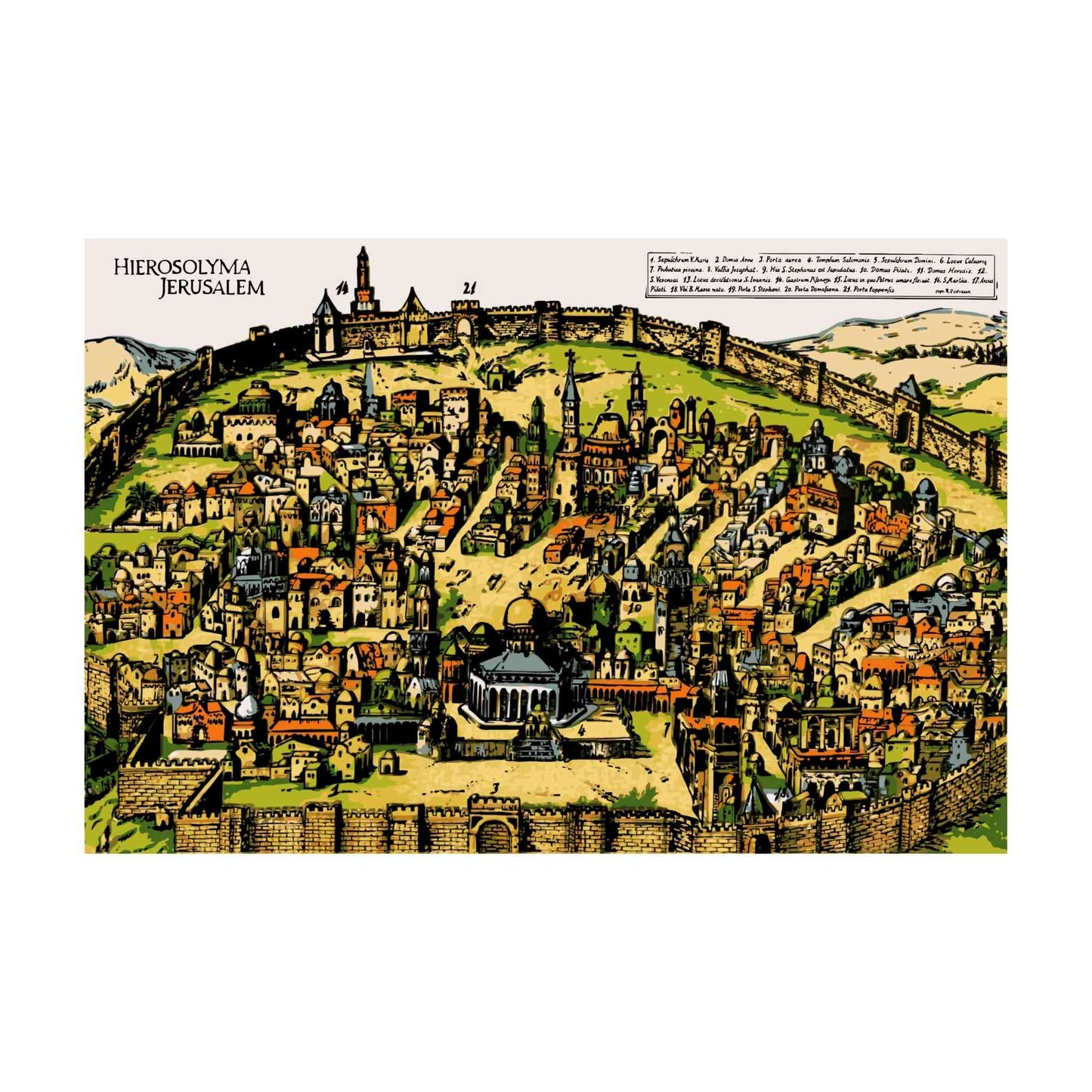 16th-century map of Jerusalem by Braun and Hogenberg, detailed geography and architecture.