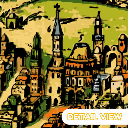 Colorful stylized illustration of a cityscape with various buildings.