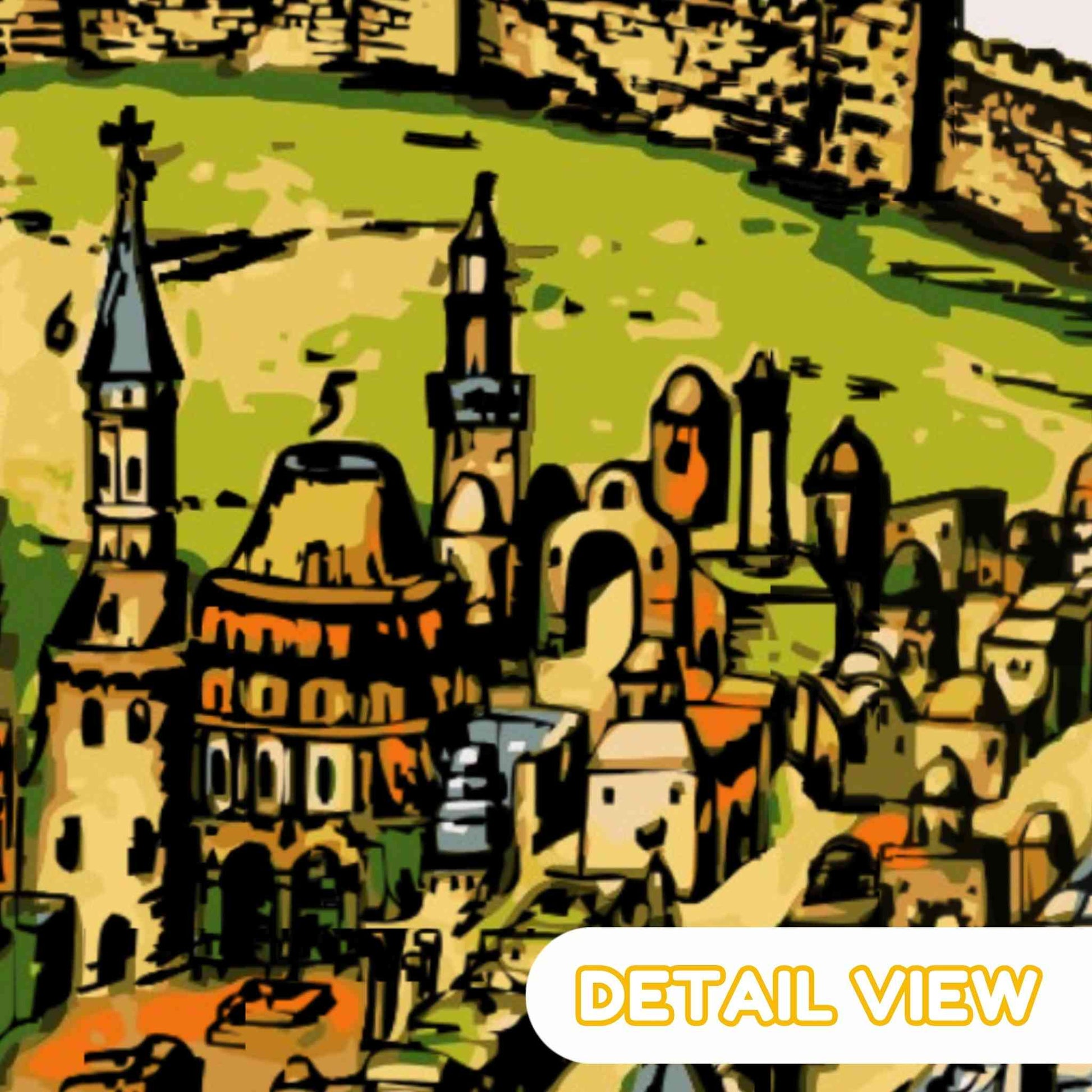 Colorful illustration of Jerusalem cityscape with architectural details on a green background