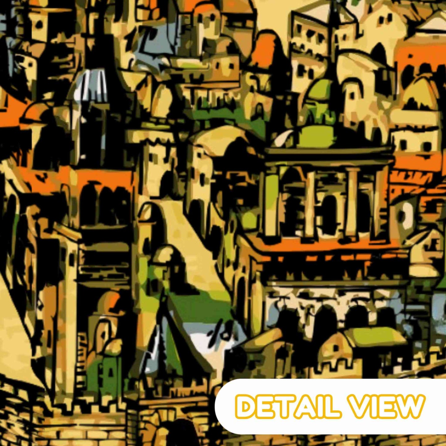 Artistic depiction of jerusalem from braun and hogenberg renaissance cartography pictorial map showing city walls and buildings. Detail