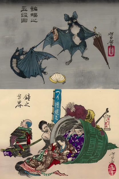 Tsukioka Yoshitoshi's artwork depicting whimsical bats in a Kabuki parody scene