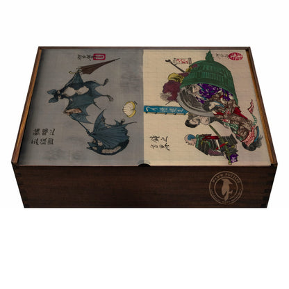 Square wooden puzzle box featuring Yoshitoshi's 'Five Phases of the Bat' artwork