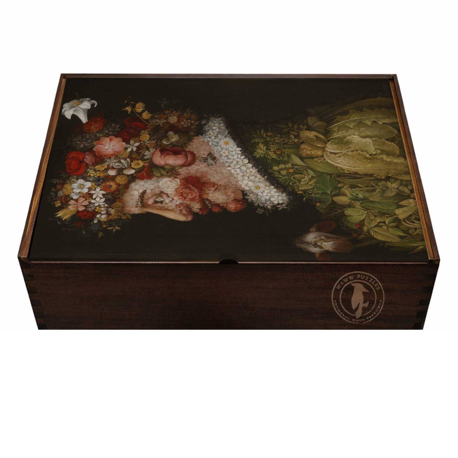 Premium laser-cut wooden puzzle box featuring Arcimboldo's La Primavera