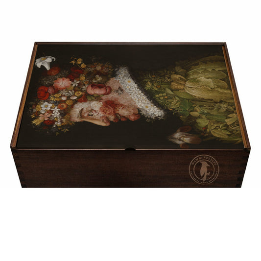 Premium laser-cut wooden puzzle box featuring Arcimboldo's La Primavera