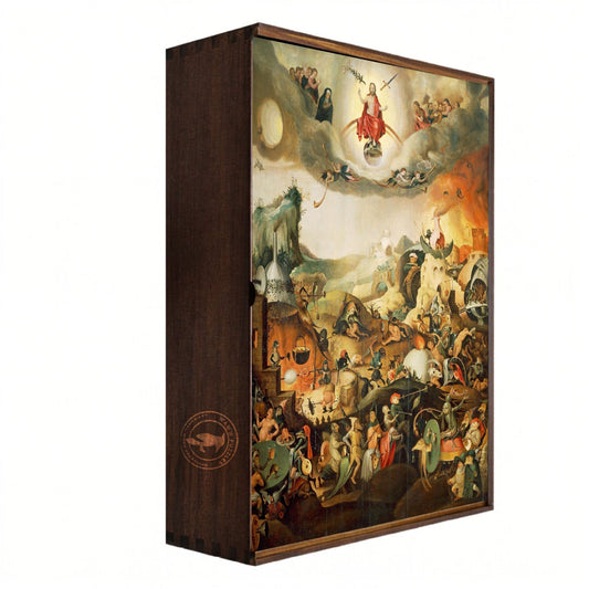 A rectangular wooden keepsake box with a detailed religious battle scene printed on the lid, artwork by Peter Huys titled The Last Judgement