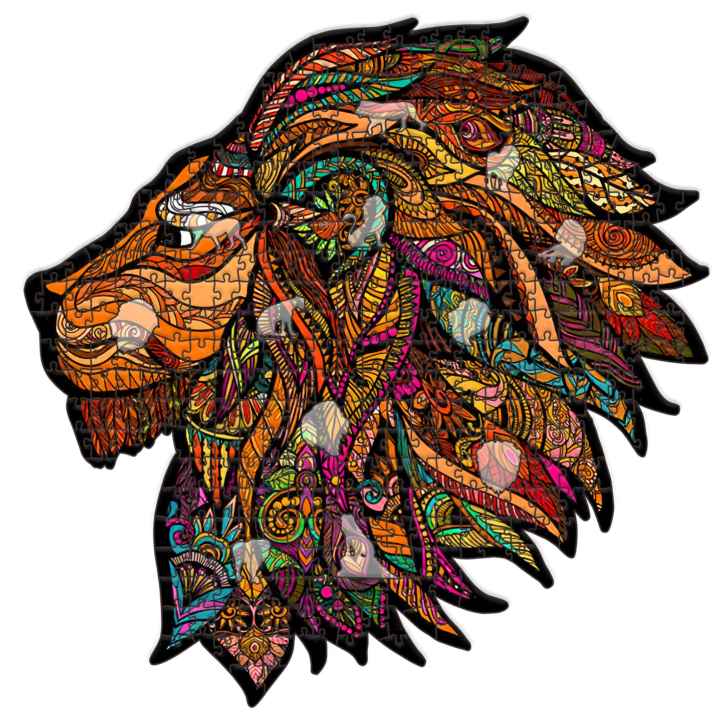 lion wooden jigsaw, mandala-like colorful pattern, adult puzzle