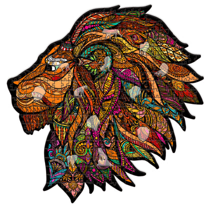 lion wooden jigsaw, mandala-like colorful pattern, adult puzzle