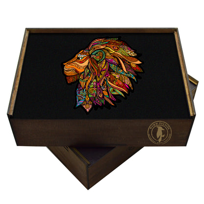 lion wooden jigsaw, mandala-like colorful pattern, adult puzzle in a handcrafted