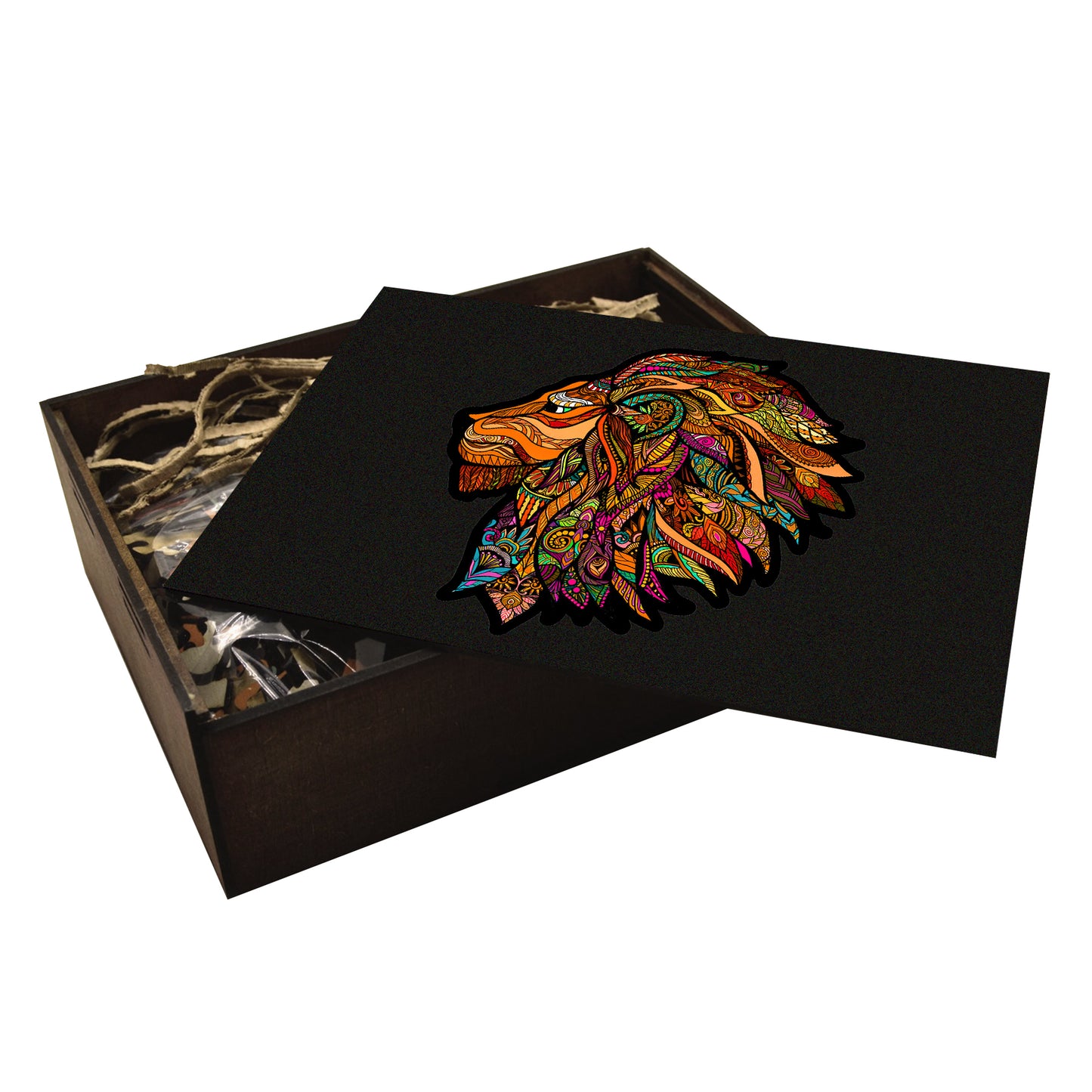 lion wooden jigsaw, mandala-like colorful pattern, adult puzzle in a handcrafted