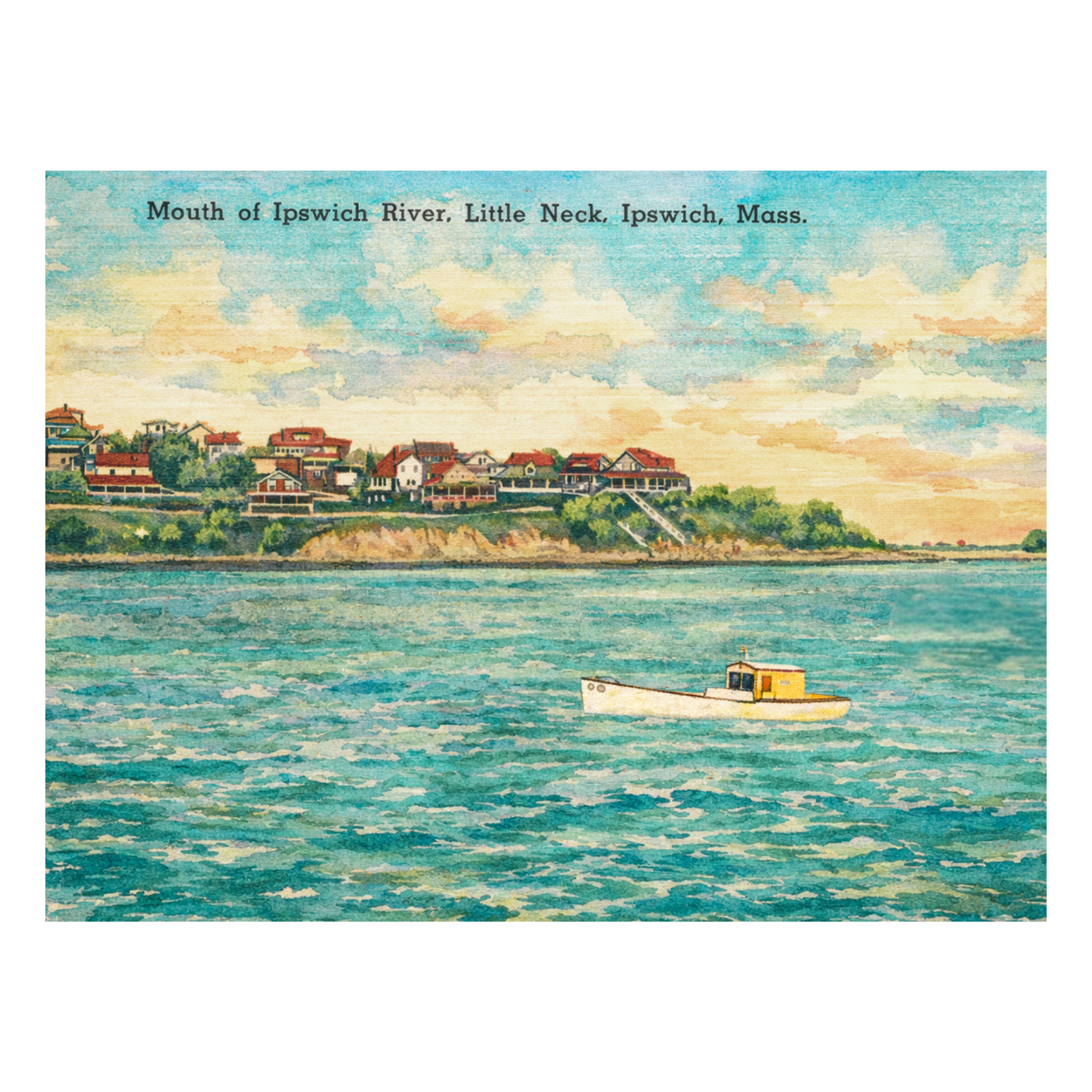 Watercolor art print of Ipswich River at Little Neck, Massachusetts, featuring seacoast homes, golden sunset sky, and small fishing boat on calm water.