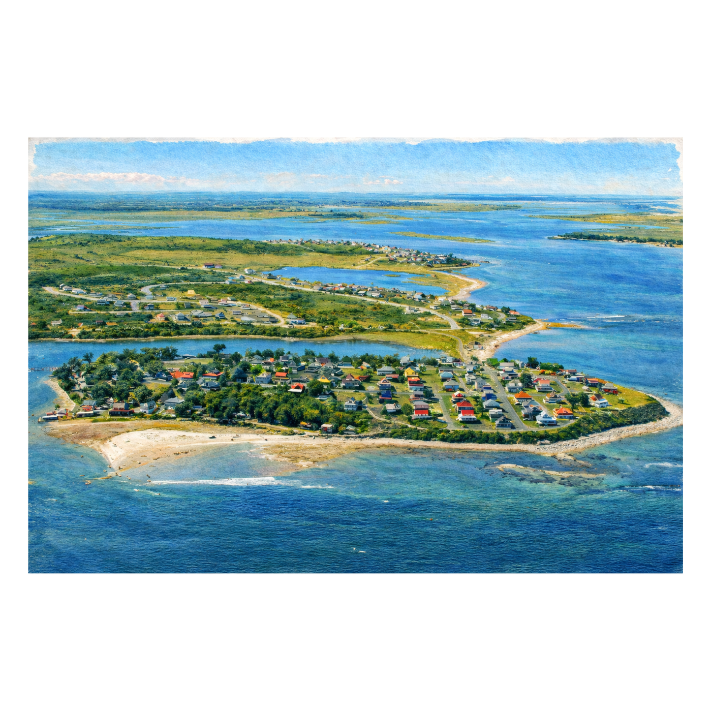 Vintage-style watercolor of Little Neck, Ipswich, Massachusetts coastline with colorful houses, narrow roads, and Atlantic shoreline seen from above.