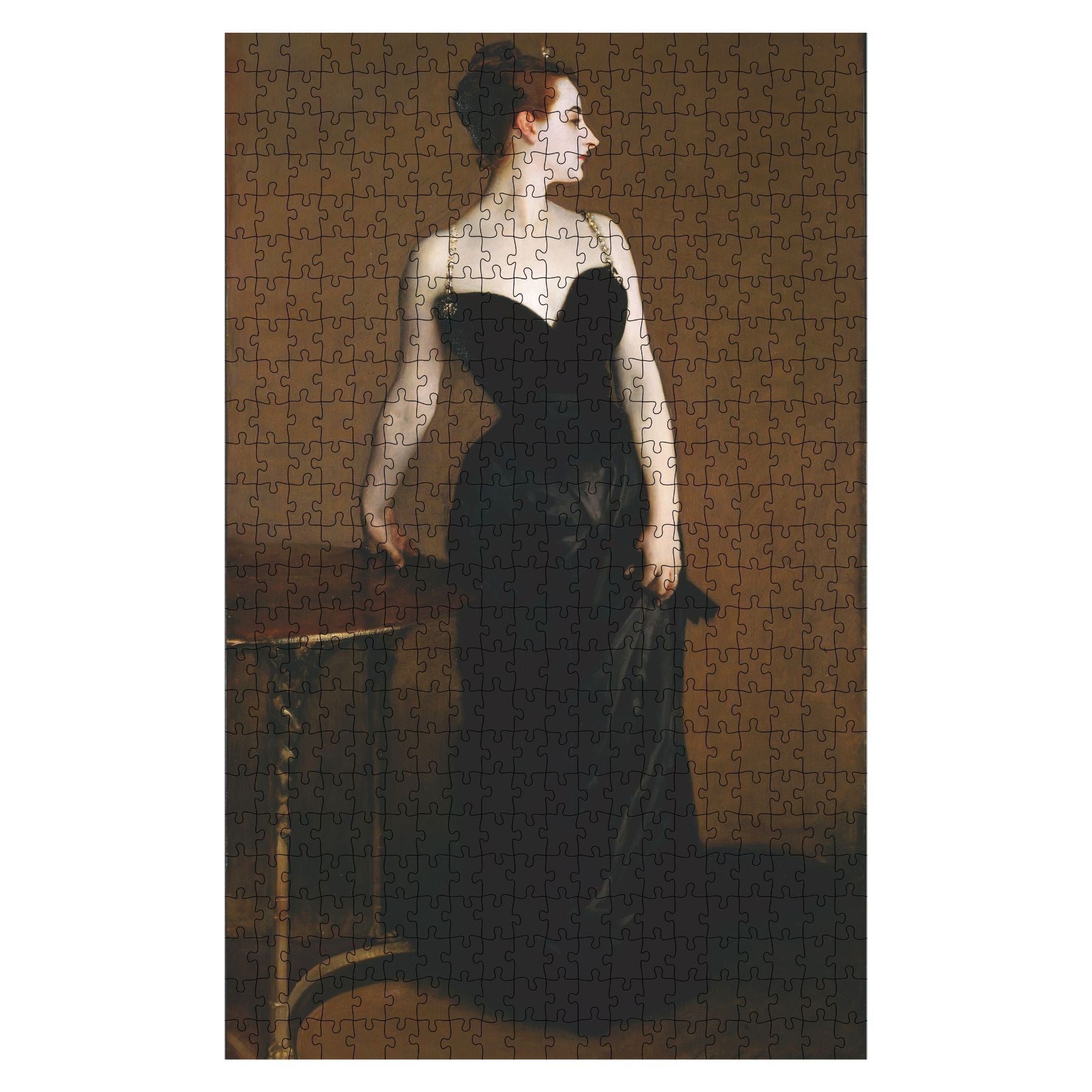 Elegant wooden jigsaw puzzle featuring John Singer Sargent’s Madame X, crafted with eco-friendly materials. A refined challenge for art lovers and collectors, available in multiple sizes.
