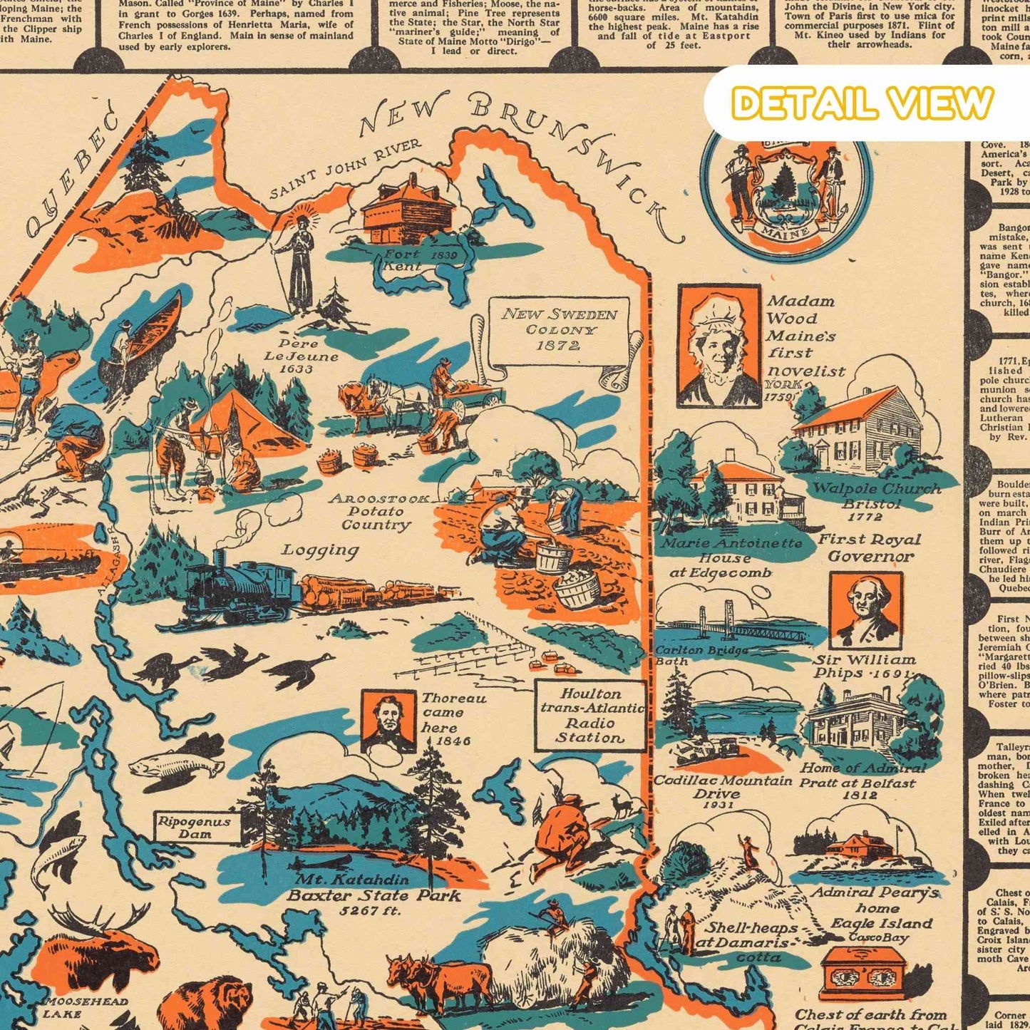 Close-up of Maine's rugged coastline adorned with historical scenes.