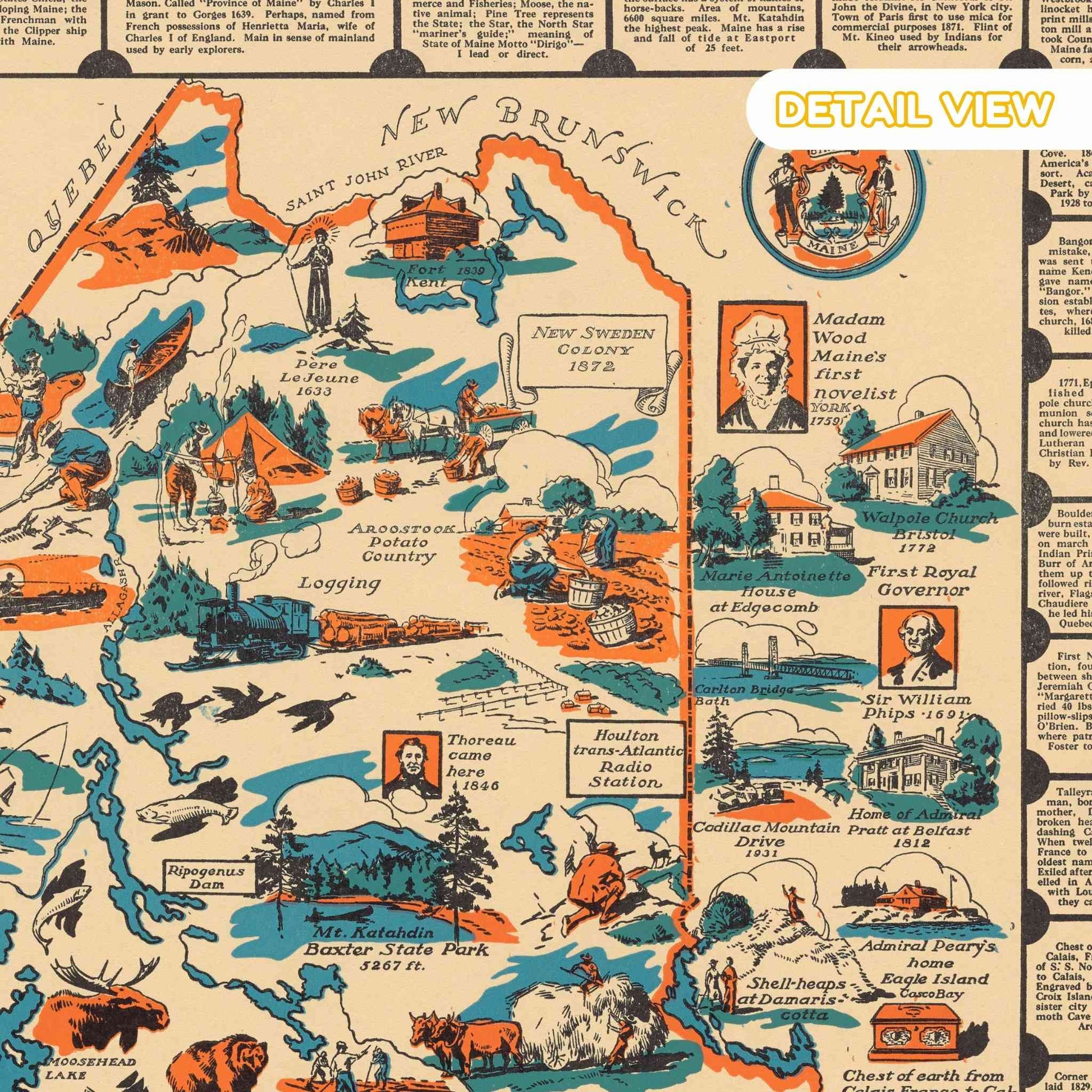 Close-up of Maine's rugged coastline adorned with historical scenes.