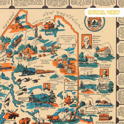Close-up of Maine's rugged coastline adorned with historical scenes.