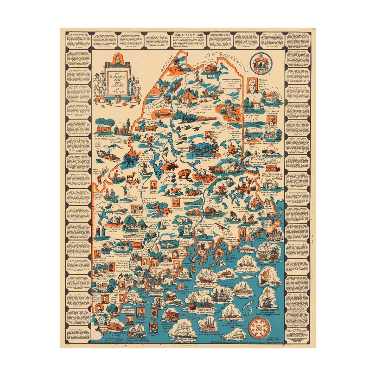 A detailed pictorial map of Maine from 1936 with colorful vignettes.