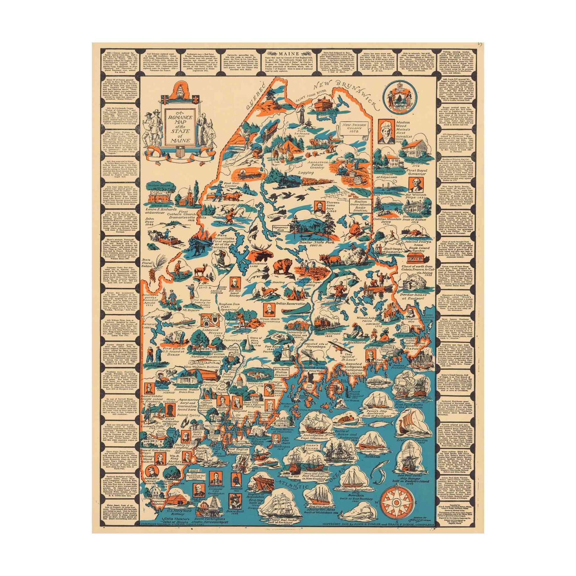 A detailed pictorial map of Maine from 1936 with colorful vignettes.