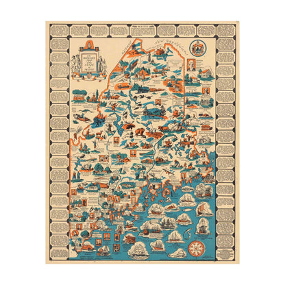 A detailed pictorial map of Maine from 1936 with colorful vignettes.