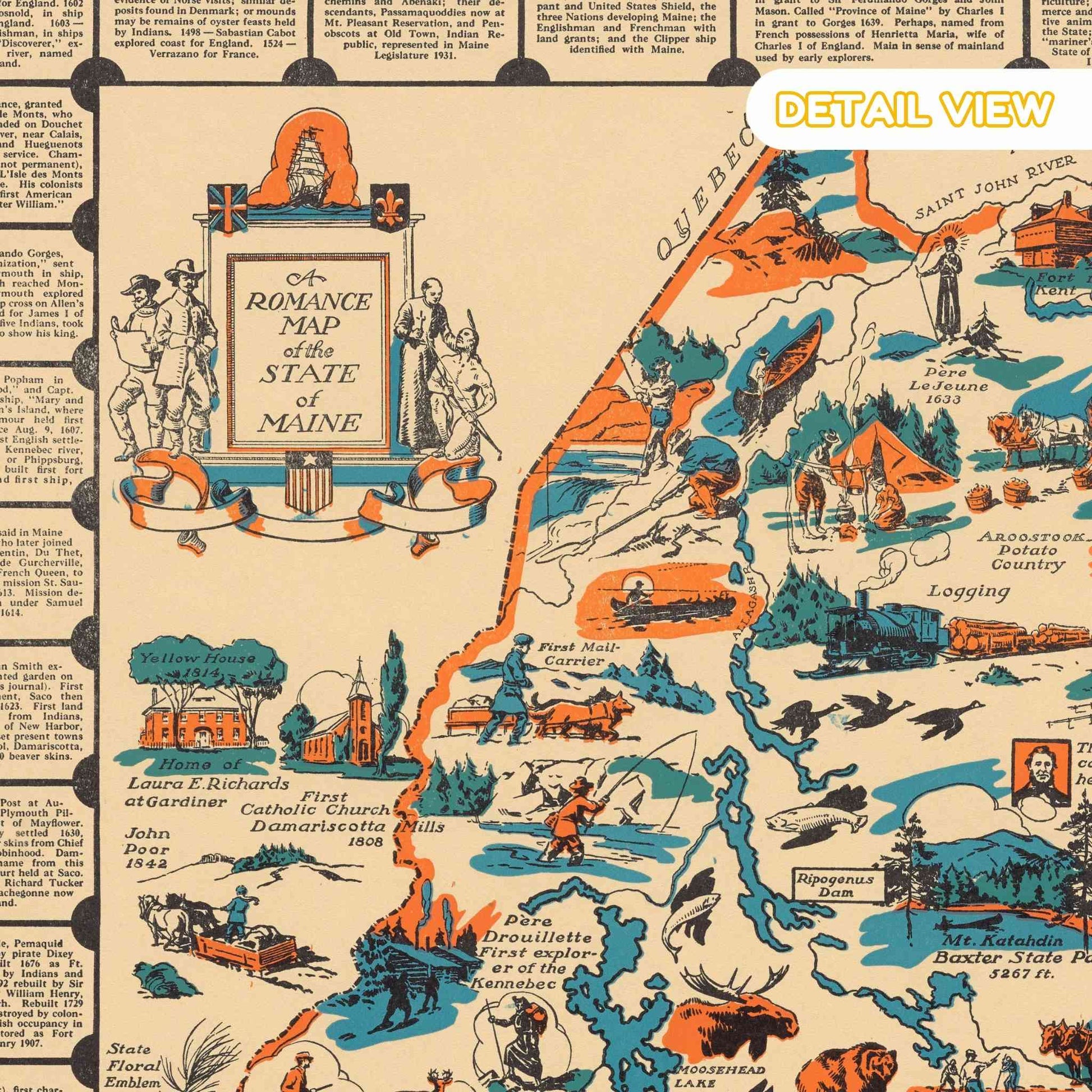 Illustration detail of Maine's dense woodlands with local wildlife. Vintage-style map of the State of Maine with illustrations and text