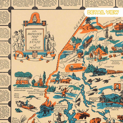 Illustration detail of Maine's dense woodlands with local wildlife. Vintage-style map of the State of Maine with illustrations and text