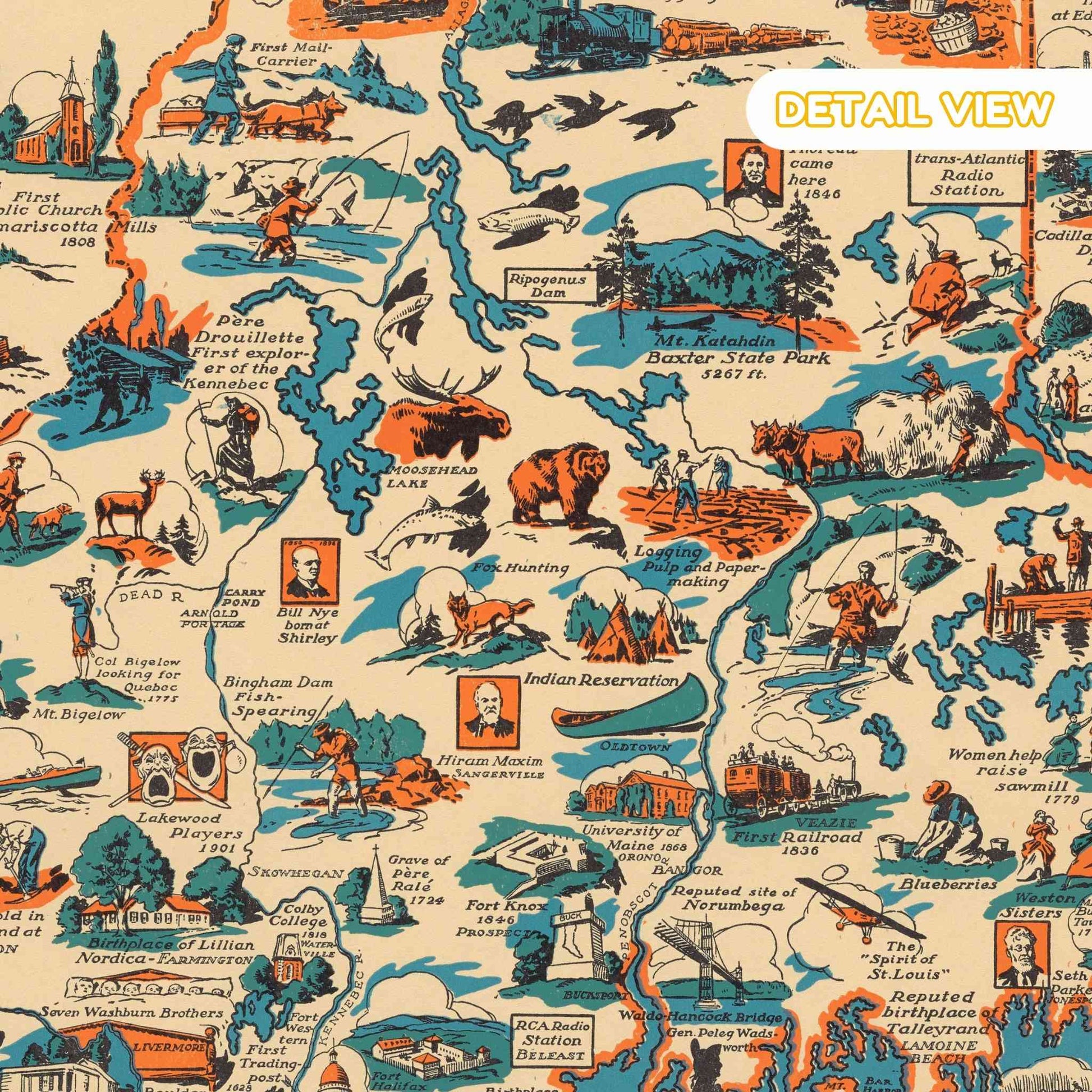 Detail of maine coastline with lighthouses boats and pine trees from maine romance wooden puzzle pictorial map
