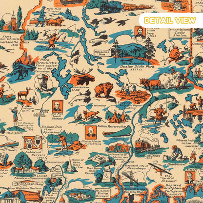 Detail of maine coastline with lighthouses boats and pine trees from maine romance wooden puzzle pictorial map