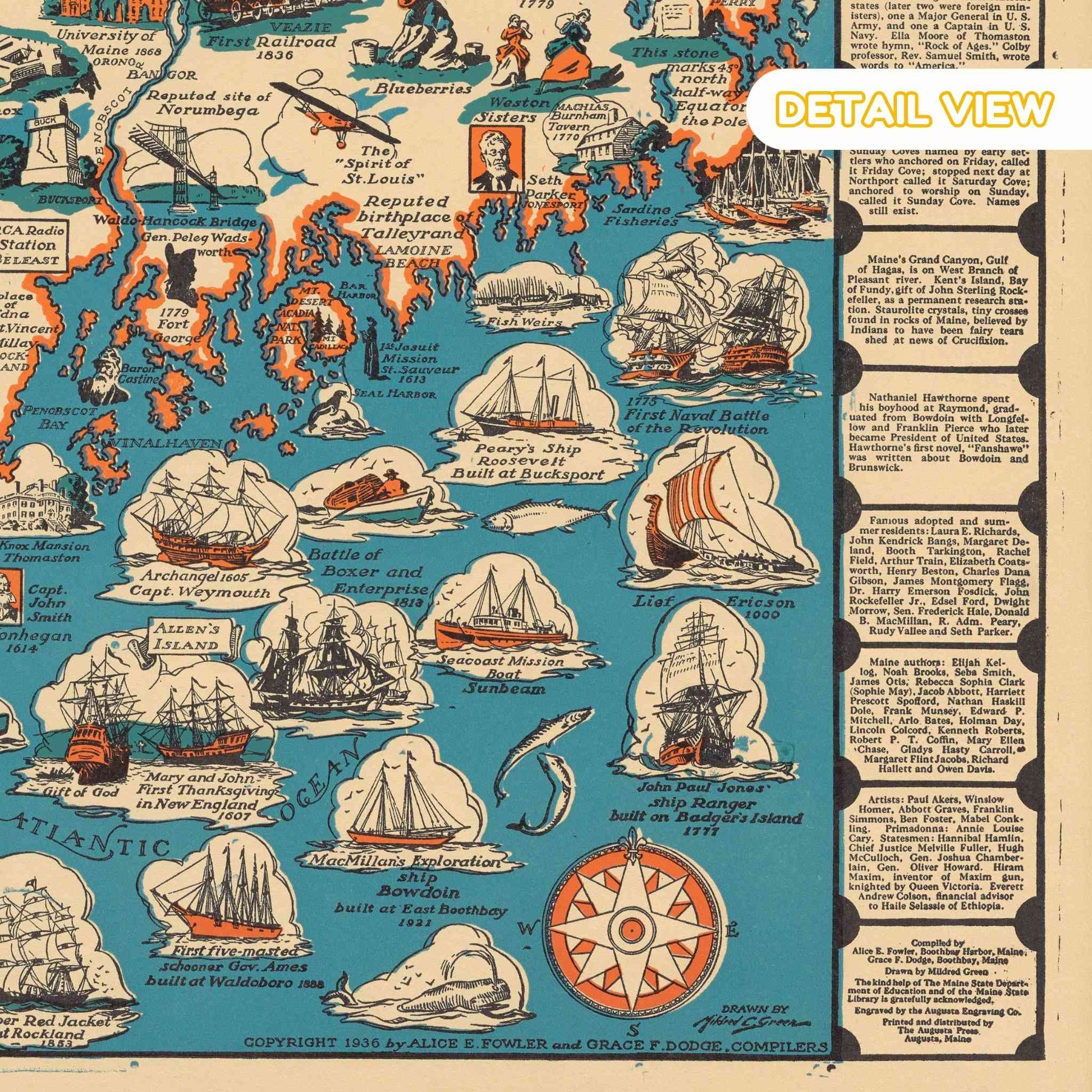 Map with historical illustrations of ships and text, featuring a compass and various maritime scenes. Detail of maine coastline with lighthouses boats and pine trees from maine romance wooden puzzle pictorial map