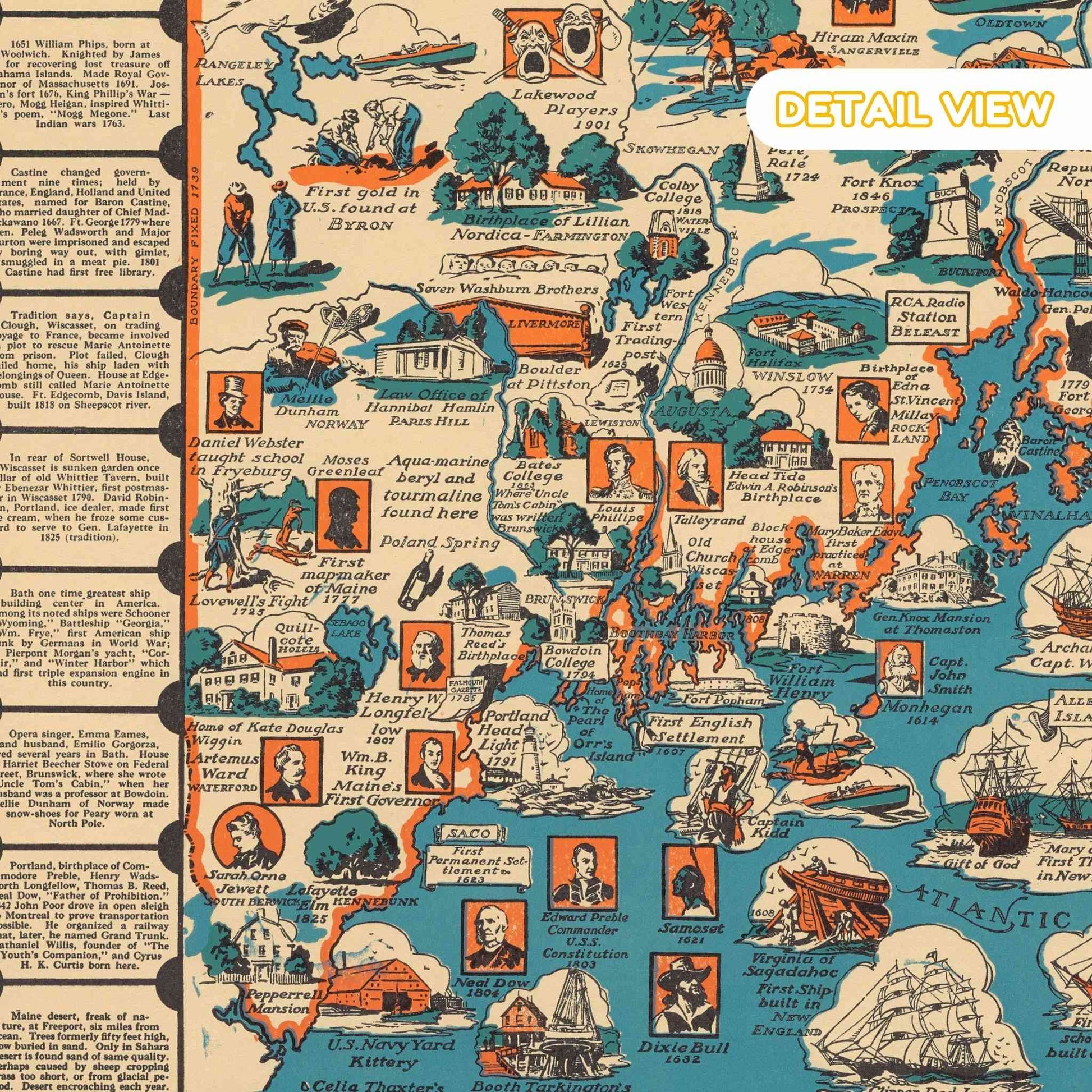 Map with illustrations and text, featuring a detailed view of a pictorial map of Maine from 1936 with colorful vignettes.
