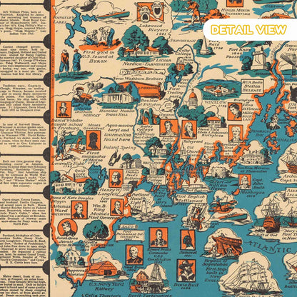 Map with illustrations and text, featuring a detailed view of a pictorial map of Maine from 1936 with colorful vignettes.