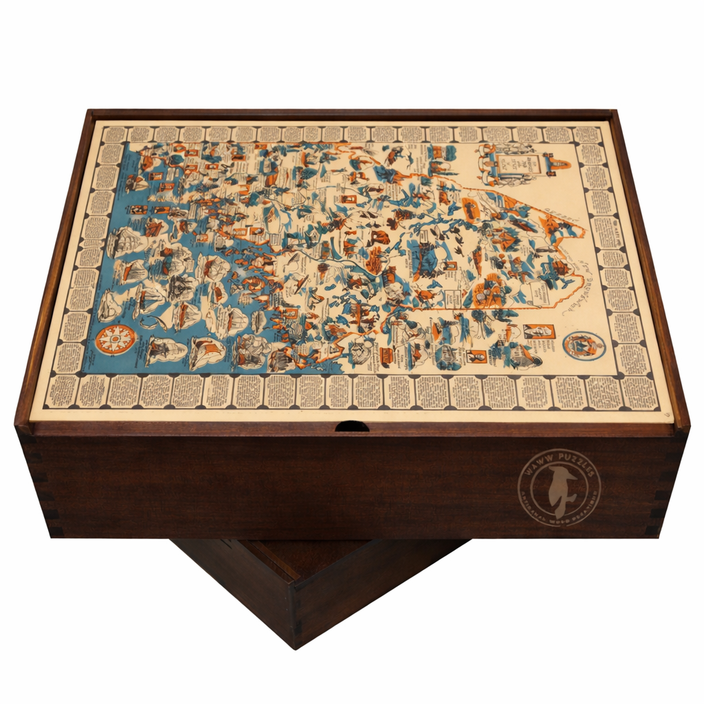 Premium wooden puzzle box featuring a pictorial map of Maine from 1936.