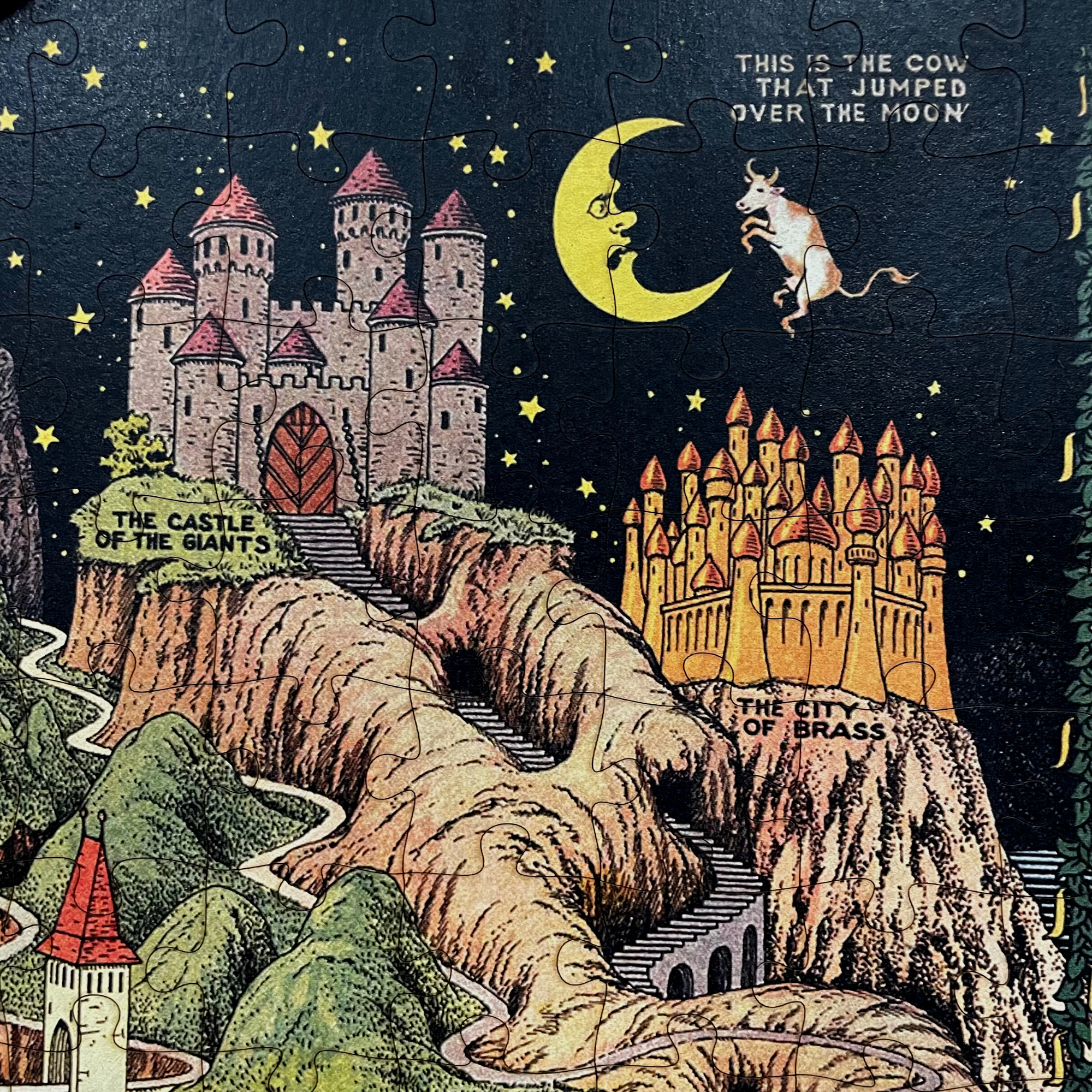 Close-up of partially completed The Land of Make Believe puzzle, with laser-cut wooden pieces mid-assembly.