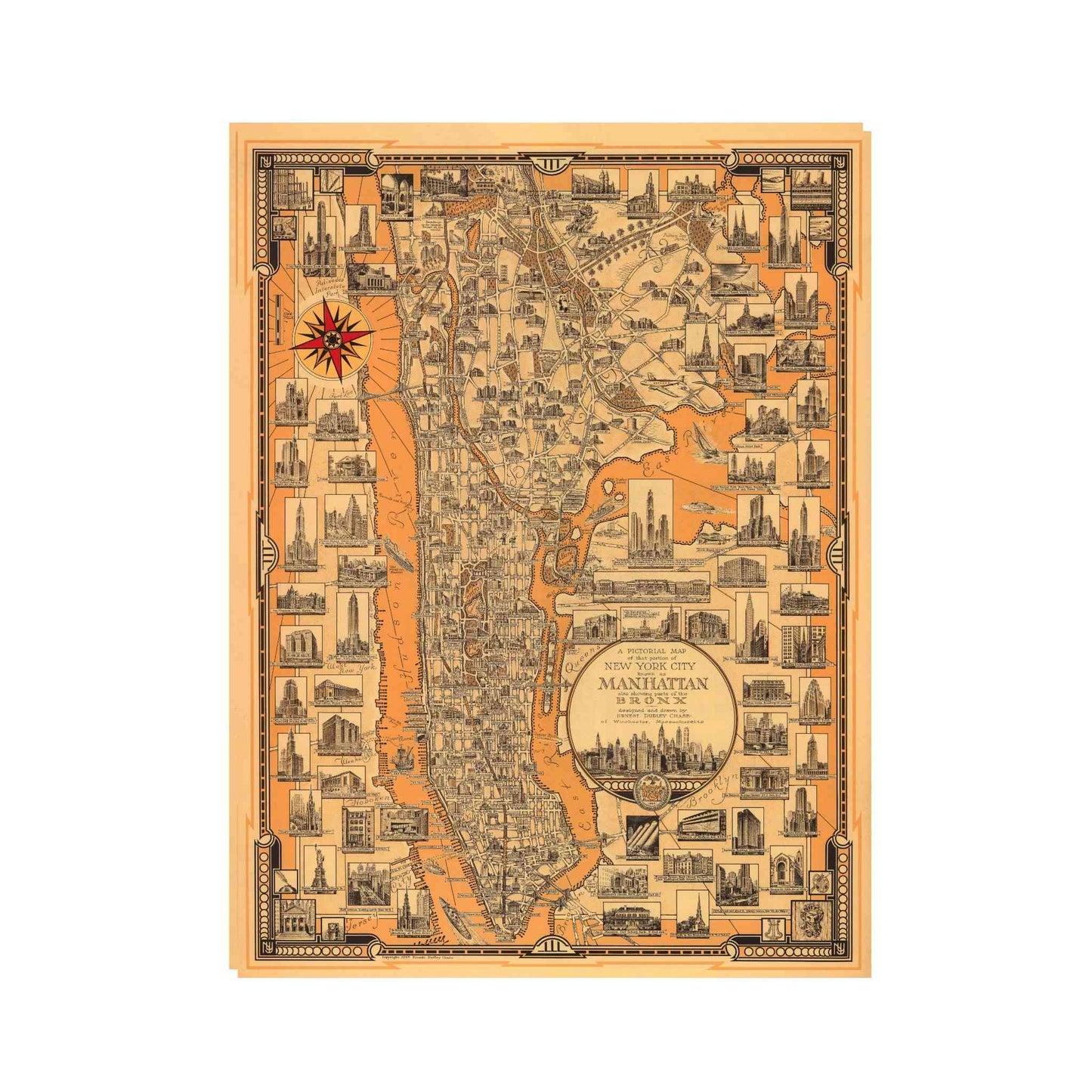 Ernest Dudley Chase's 1932 map of Manhattan showing detailed skyline and streets