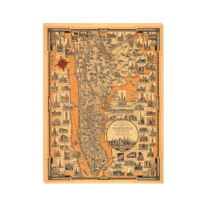 Ernest Dudley Chase's 1932 map of Manhattan showing detailed skyline and streets