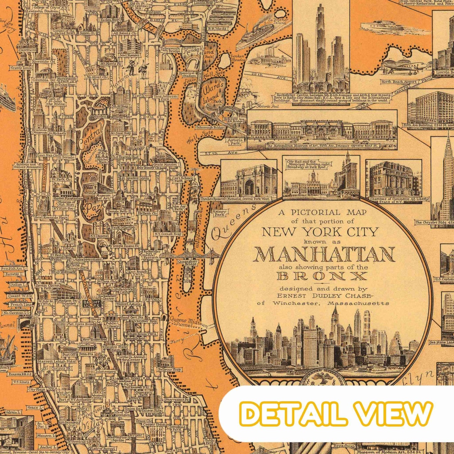 Close-up featuring detailed skyscrapers and bridges on Chase's Manhattan map