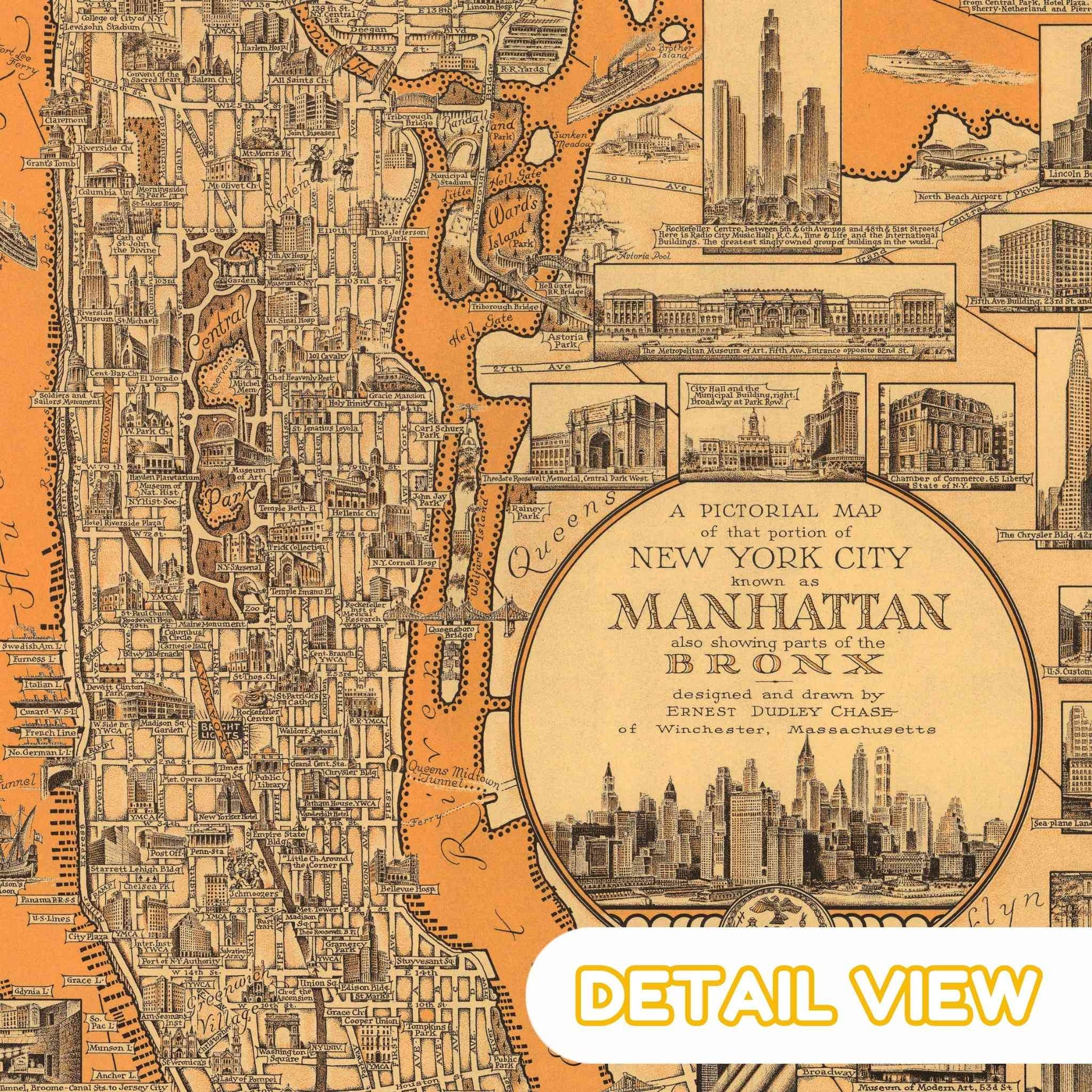 Close-up featuring detailed skyscrapers and bridges on Chase's Manhattan map