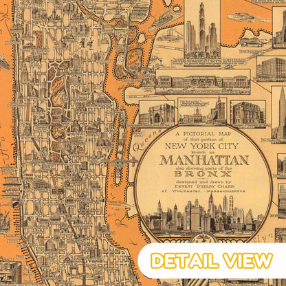 Close-up featuring detailed skyscrapers and bridges on Chase's Manhattan map