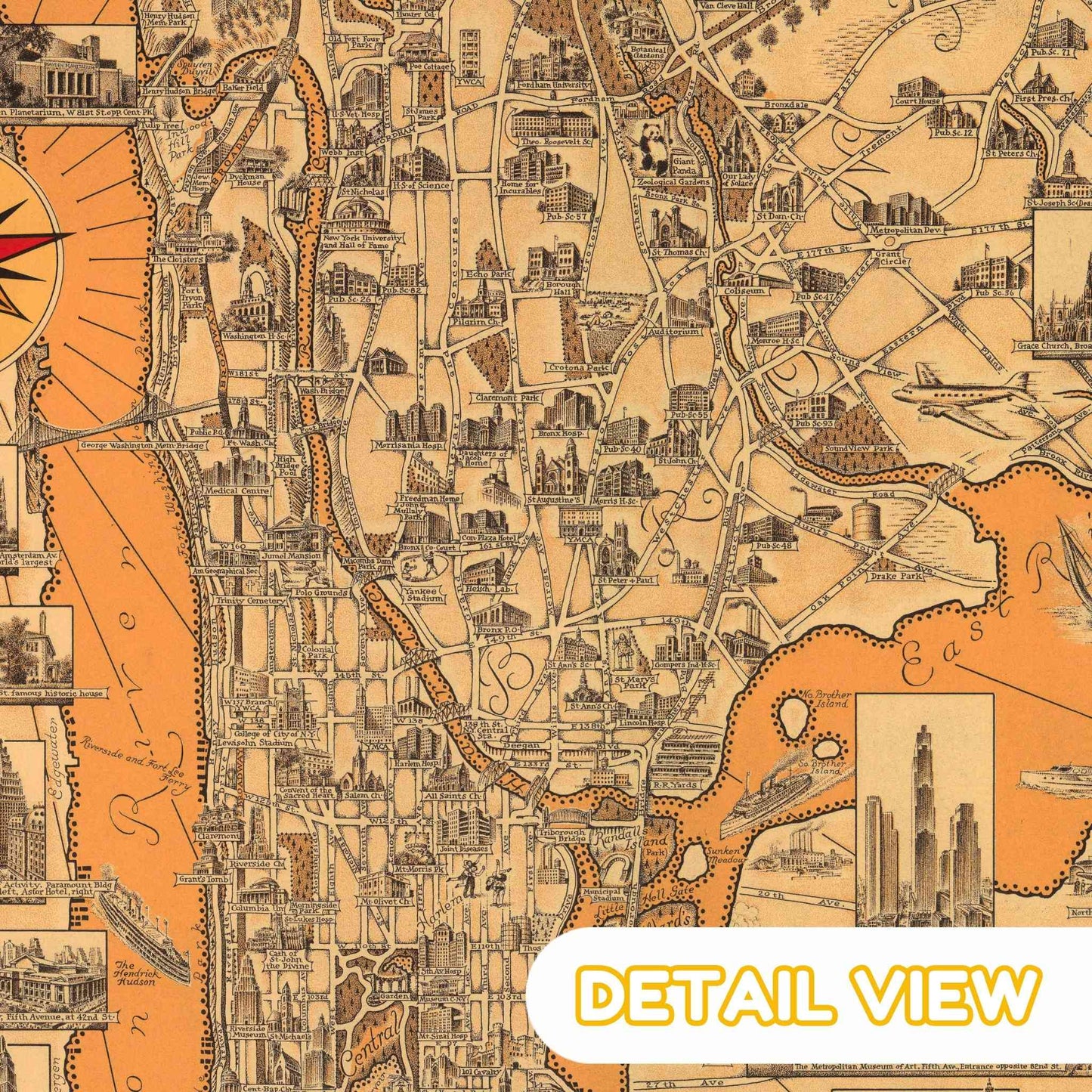 Detail of Manhattan harbor with skyscrapers and streets from Chase New York USA colorful pictorial map