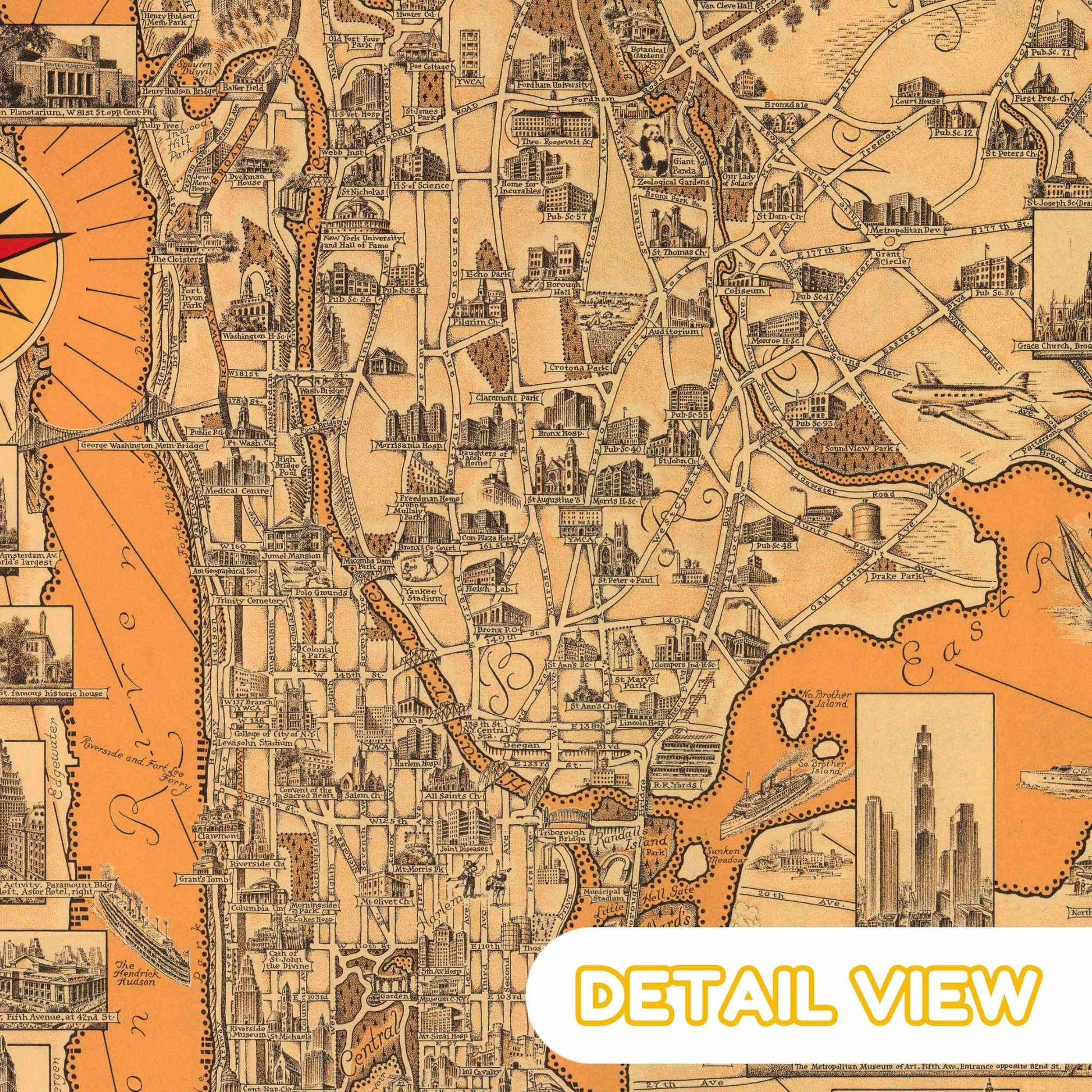 Detail of Manhattan harbor with skyscrapers and streets from Chase New York USA colorful pictorial map