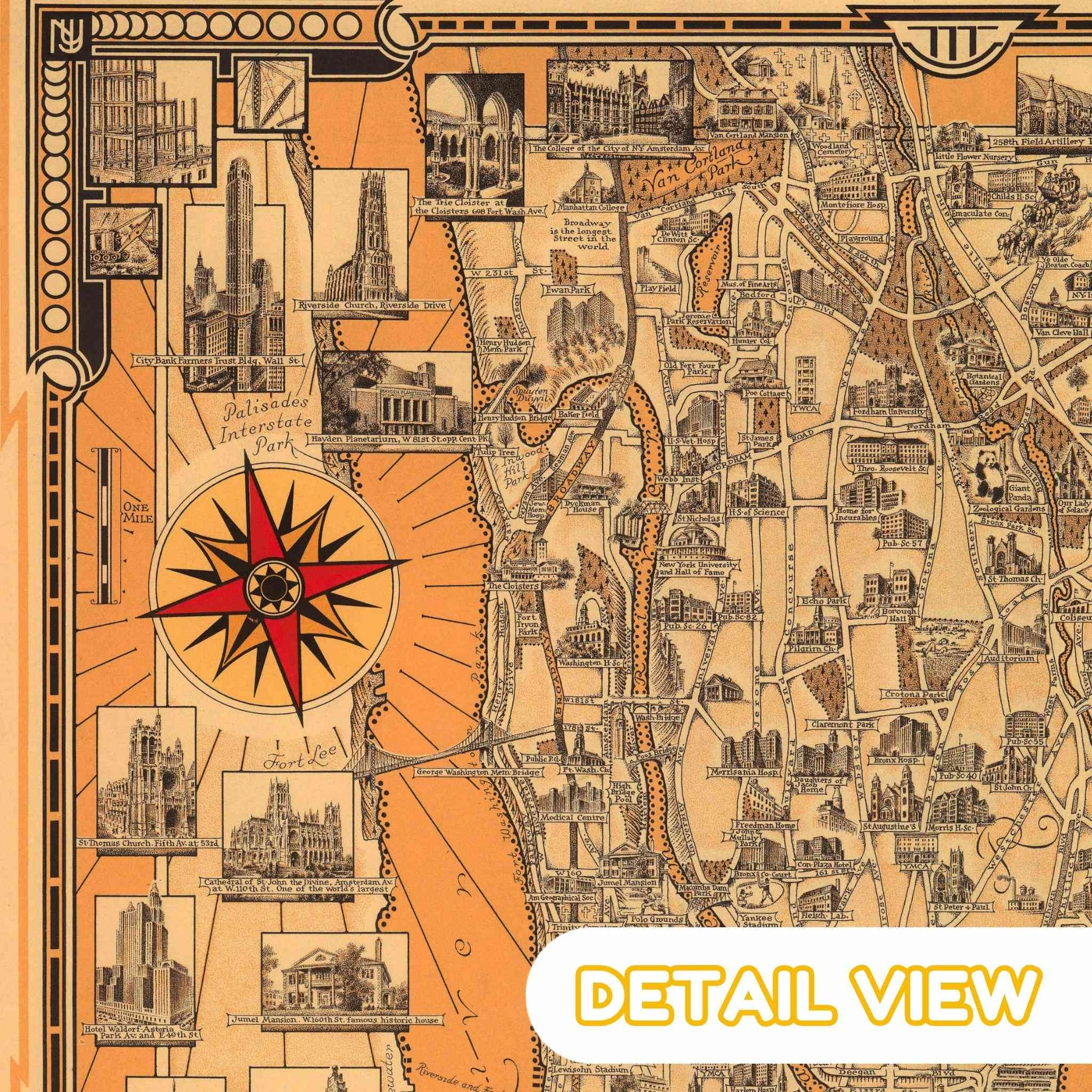 Artistic vignette of notable structures on the Manhattan map by Dudley Chase in a WAWW Puzzle