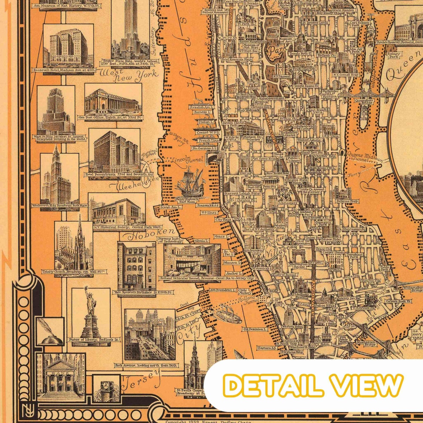 Detail of Manhattan harbor with skyscrapers and avenues from chase premium wooden jigsaw puzzle colored pictorial map